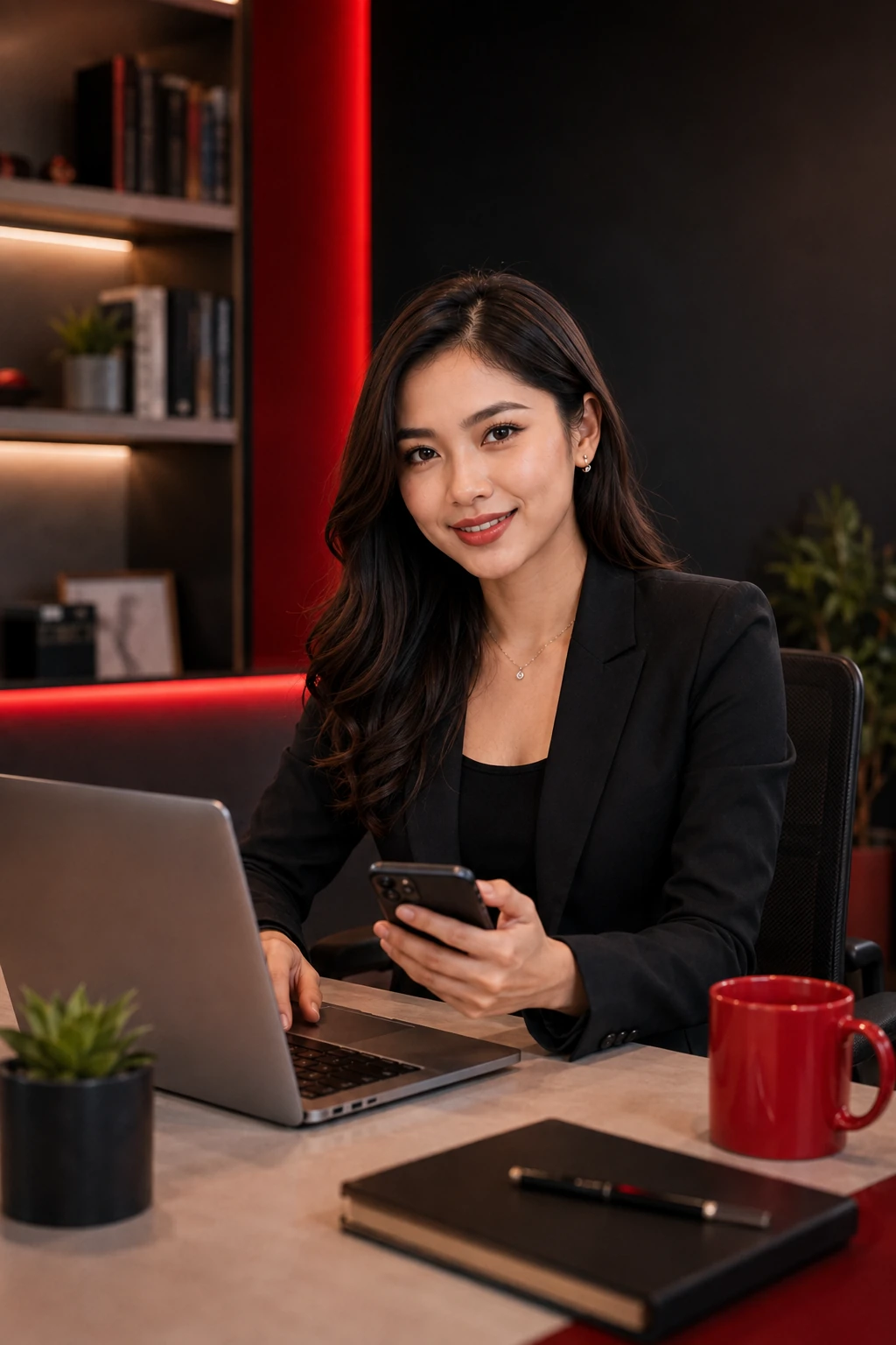 Wanita profesional menggunakan laptop dan telefon di pejabat moden