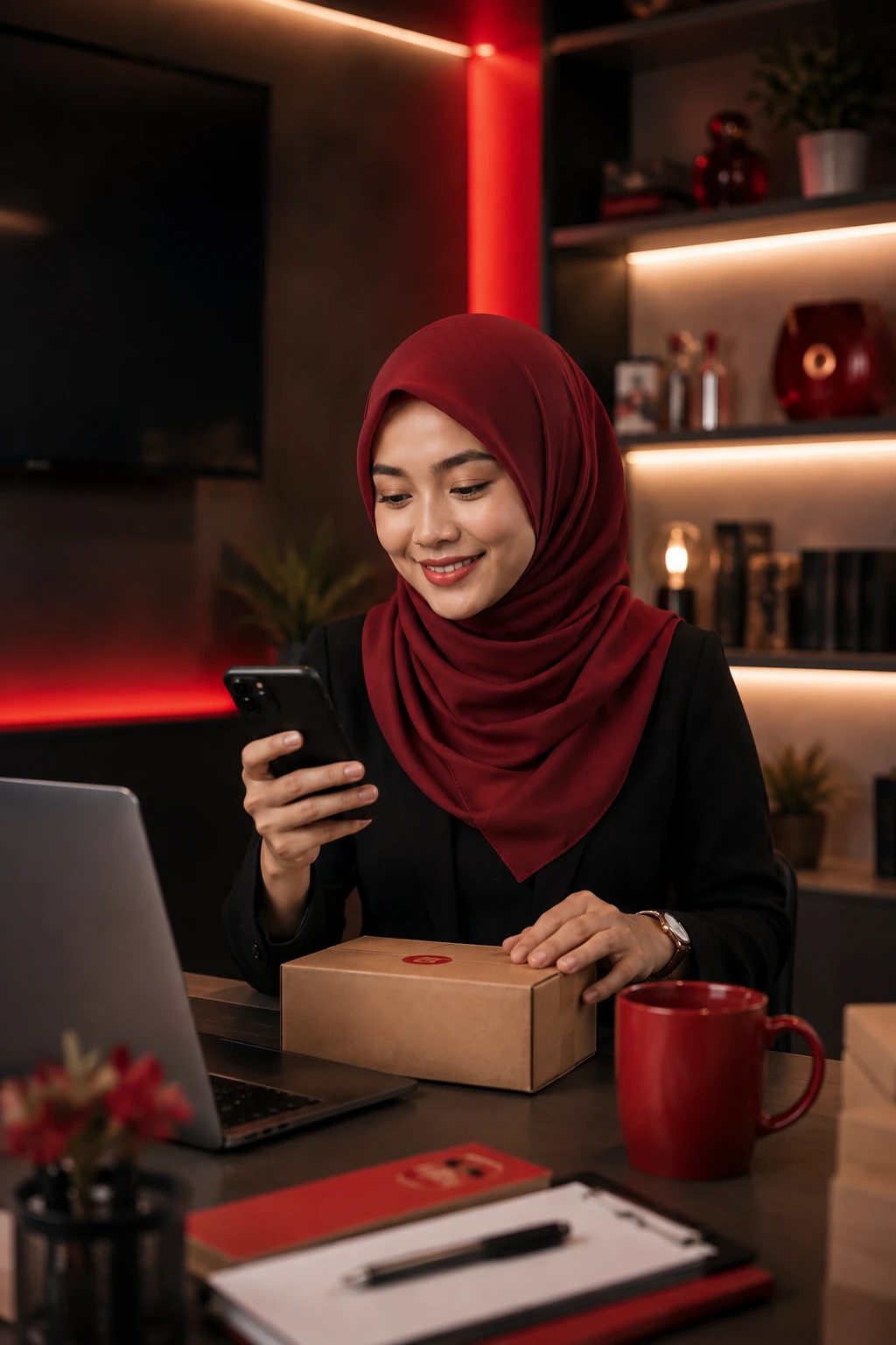 Usahawan wanita mengurus pesanan menggunakan telefon dan laptop