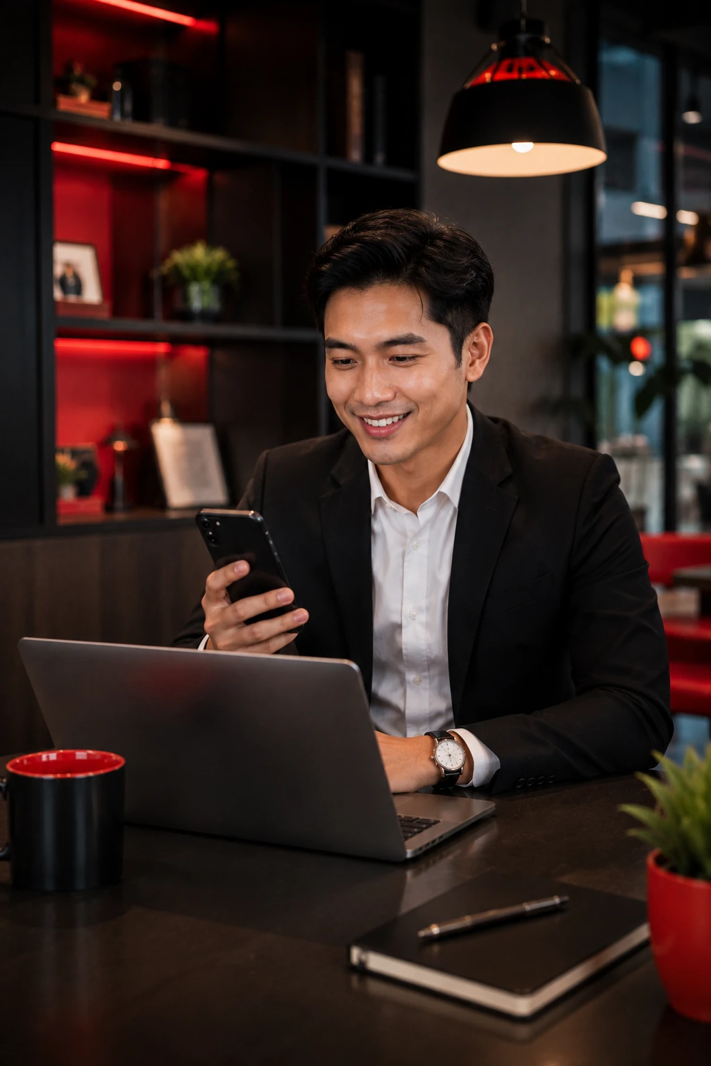 Lelaki profesional memantau prestasi melalui telefon dan laptop