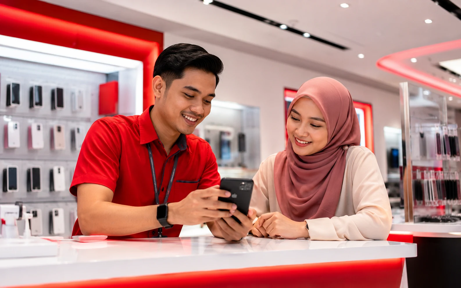 Dealer membantu pelanggan menggunakan telefon