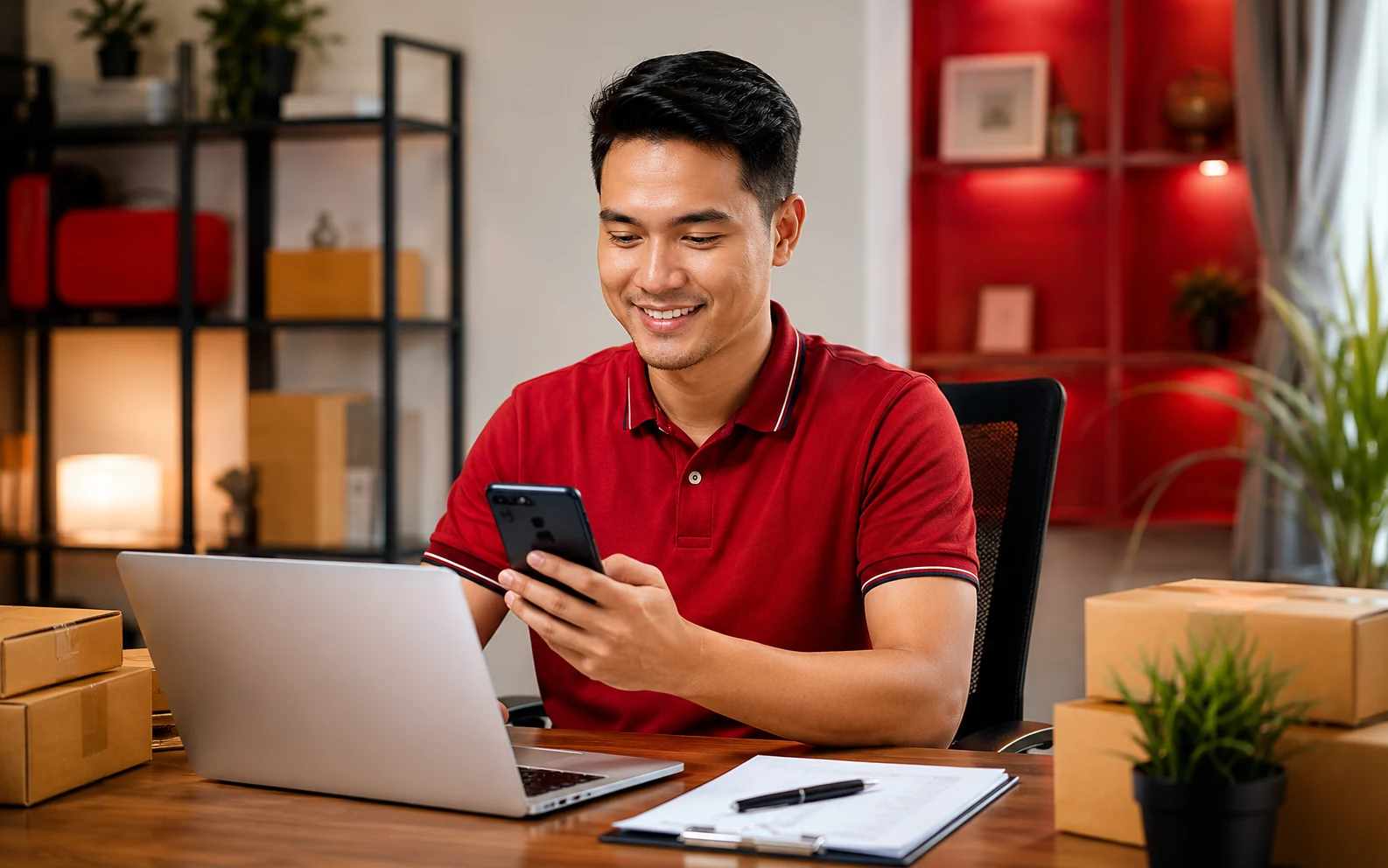 Pengguna bekerja menggunakan laptop dan telefon