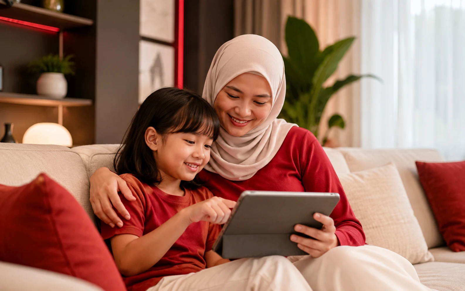Ibu dan anak menggunakan tablet bersama