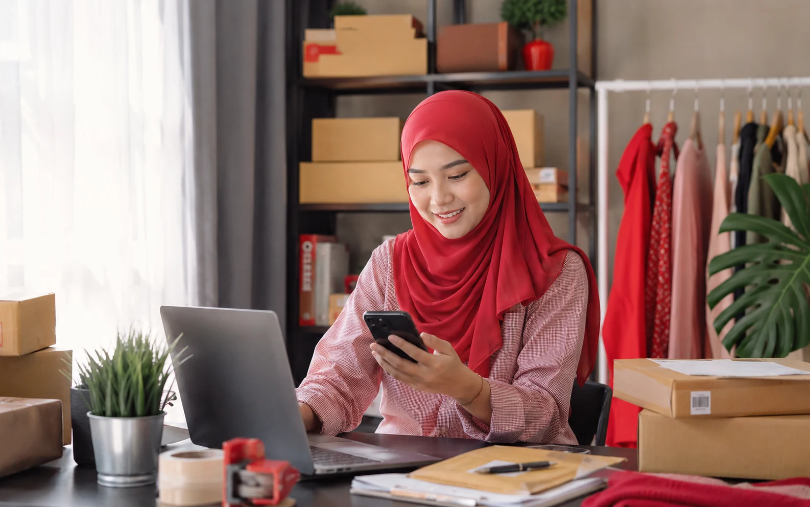 Penjual online mengurus perniagaan dari laptop