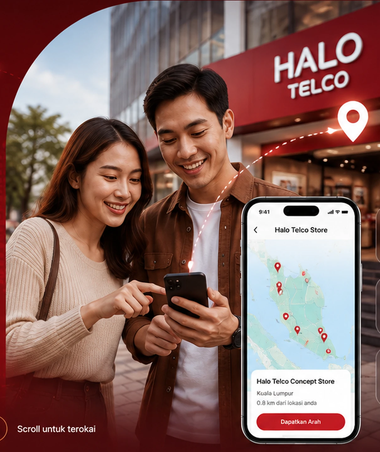 Pelanggan menggunakan telefon di hadapan Halo Telco Concept Store
