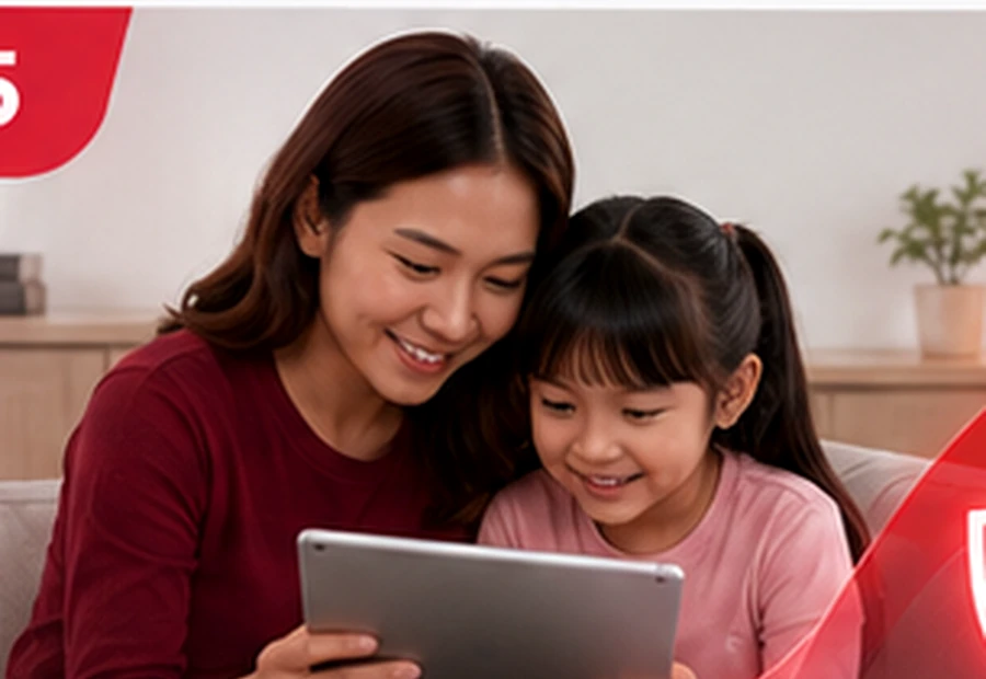 Ibu dan anak menggunakan tablet untuk pelan Epik+ Family Safe