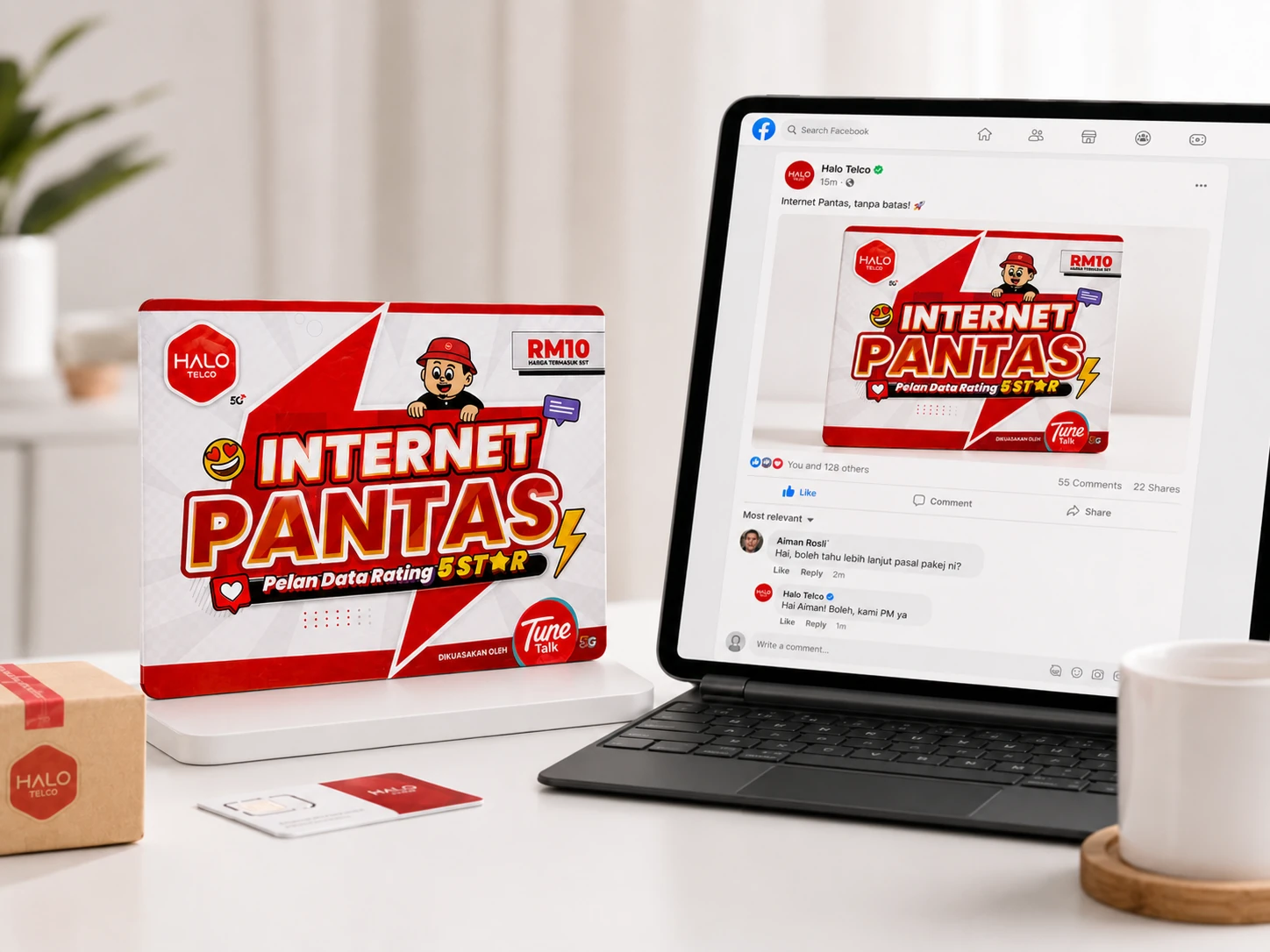 Jualan online melalui Facebook dengan paparan produk Halo Telco di skrin laptop.