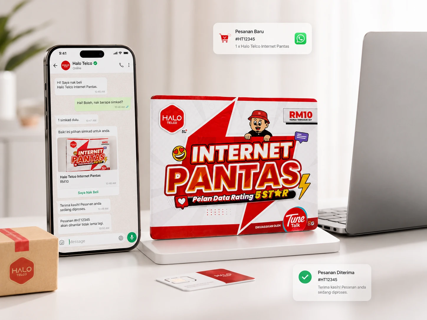 Jualan online melalui WhatsApp dengan simpack Halo Telco, perbualan pelanggan dan notifikasi pesanan.